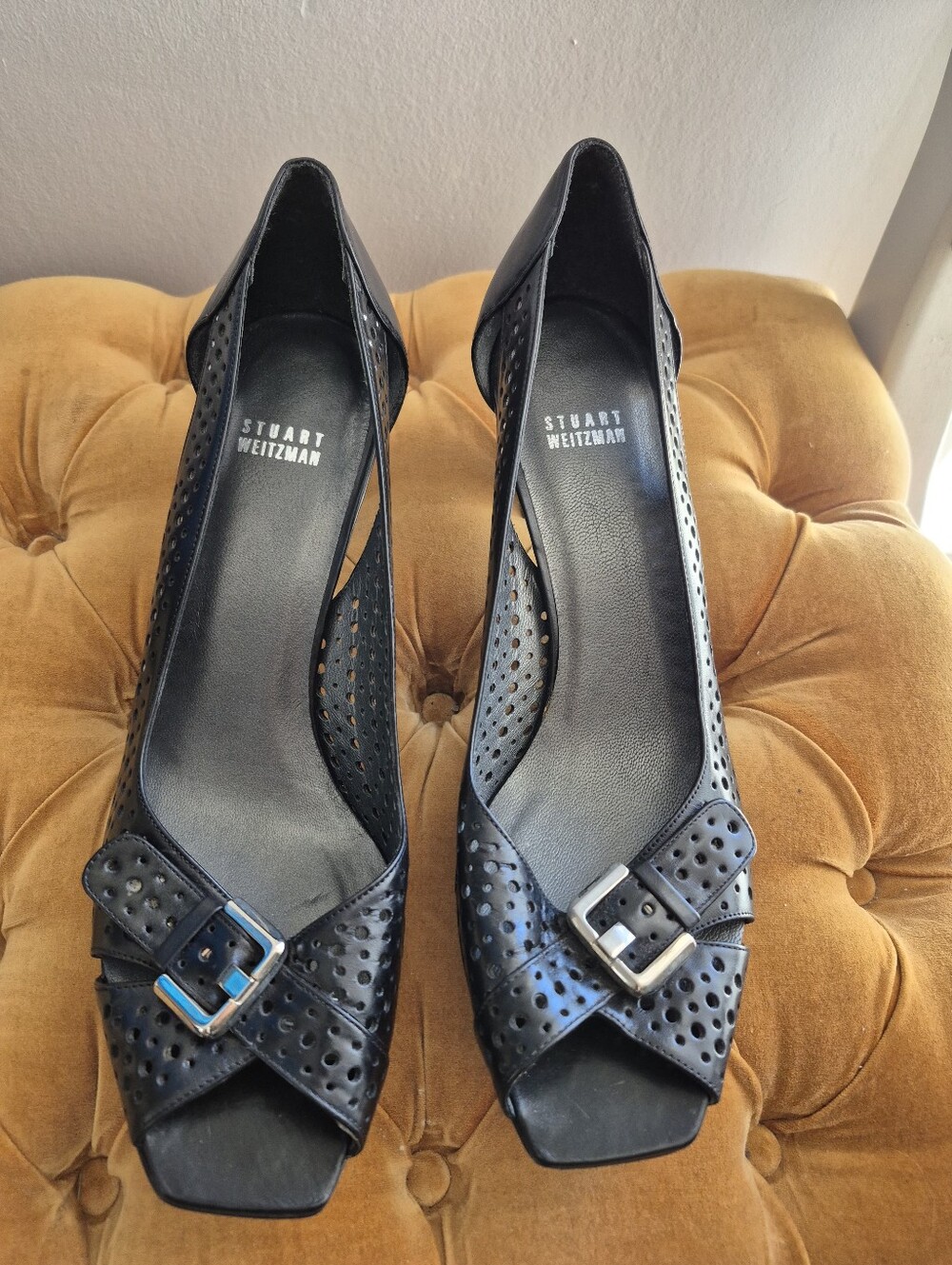 Stuart Weitzman Spain Black Perforated Leather Buckle Peep Toe Pumps Heels 11